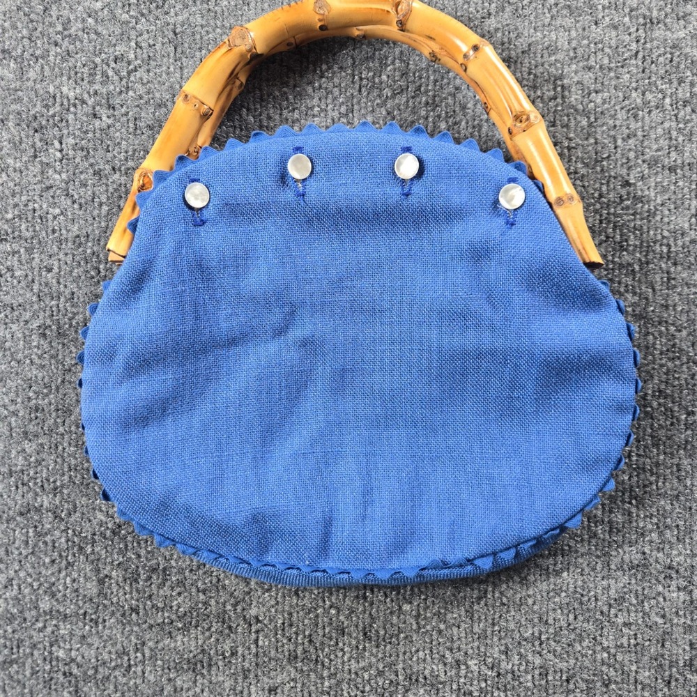 Unbranded Handbag Women Small Blue Bamboo Handle Canvas Rick Rack Trim